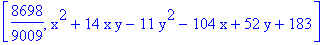 [8698/9009, x^2+14*x*y-11*y^2-104*x+52*y+183]